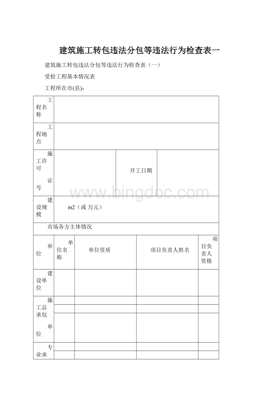 建筑施工转包违法分包等违法行为检查表一Word文件下载.docx