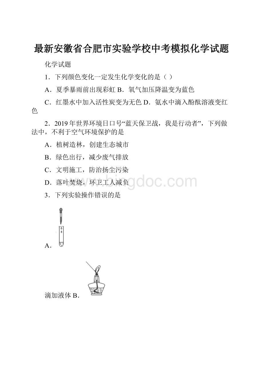 最新安徽省合肥市实验学校中考模拟化学试题.docx_第1页