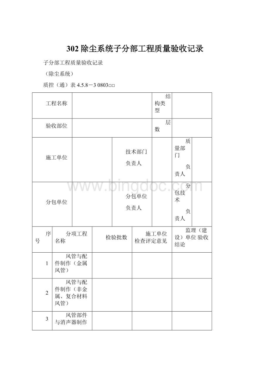 302除尘系统子分部工程质量验收记录.docx