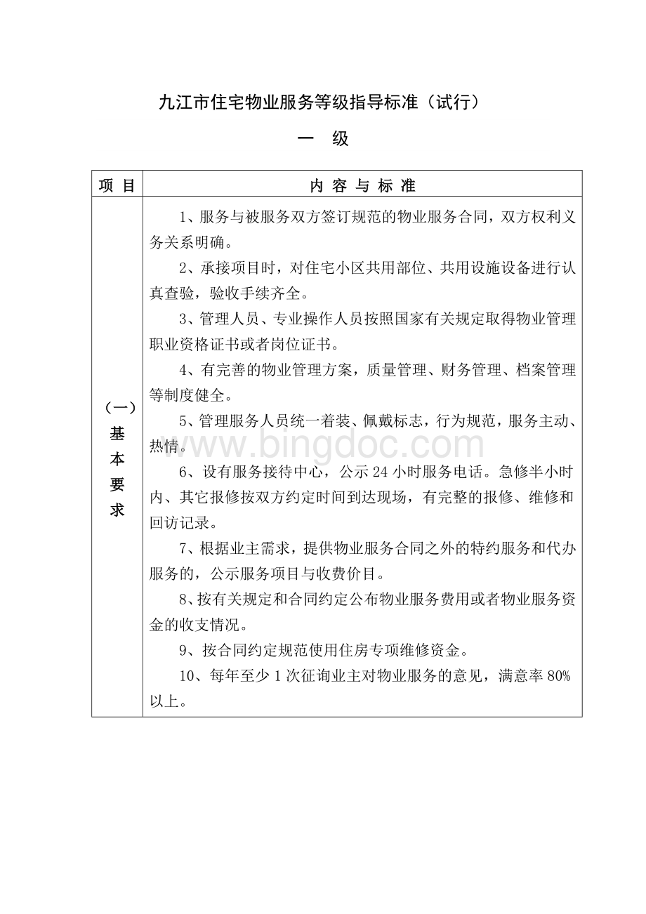 九江市住宅物业服务等级指导标准Word文档格式.doc_第1页
