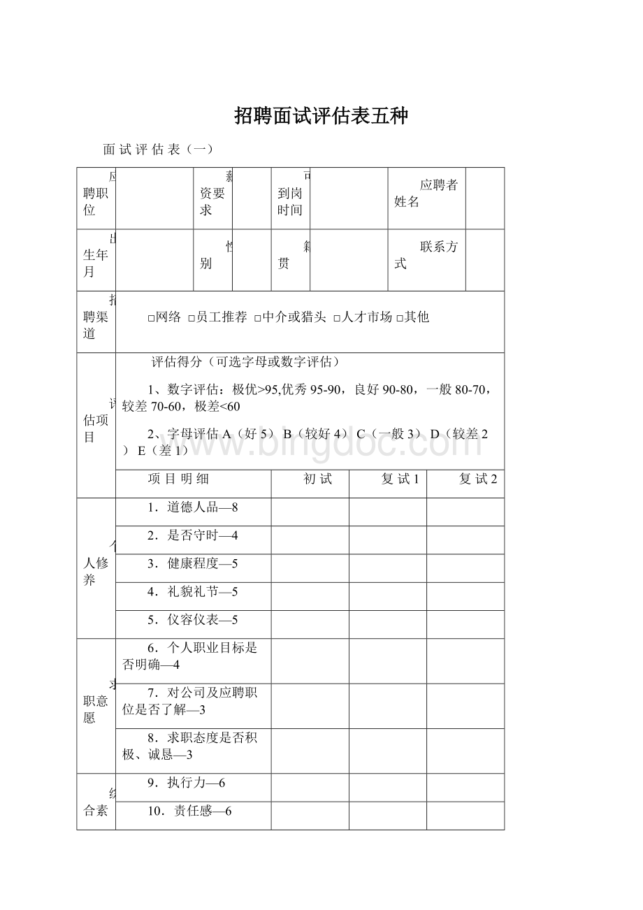 招聘面试评估表五种Word格式.docx