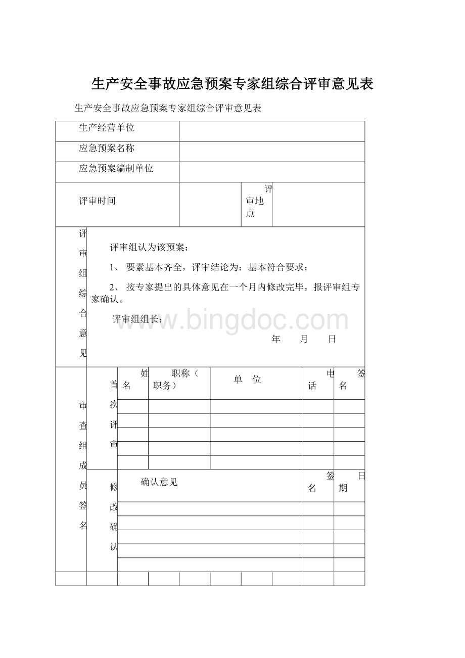 生产安全事故应急预案专家组综合评审意见表Word文档格式.docx