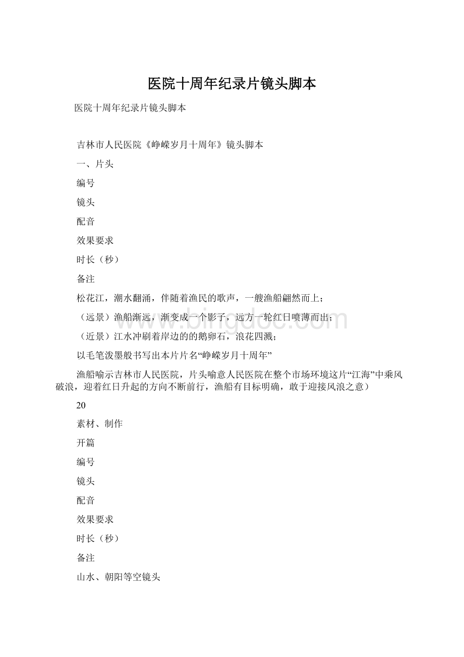 医院十周年纪录片镜头脚本文档格式.docx_第1页