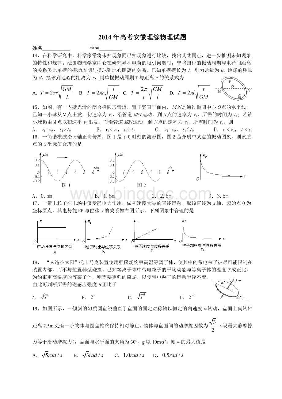 高考安徽理综物理试题和答案Word.docx_第1页