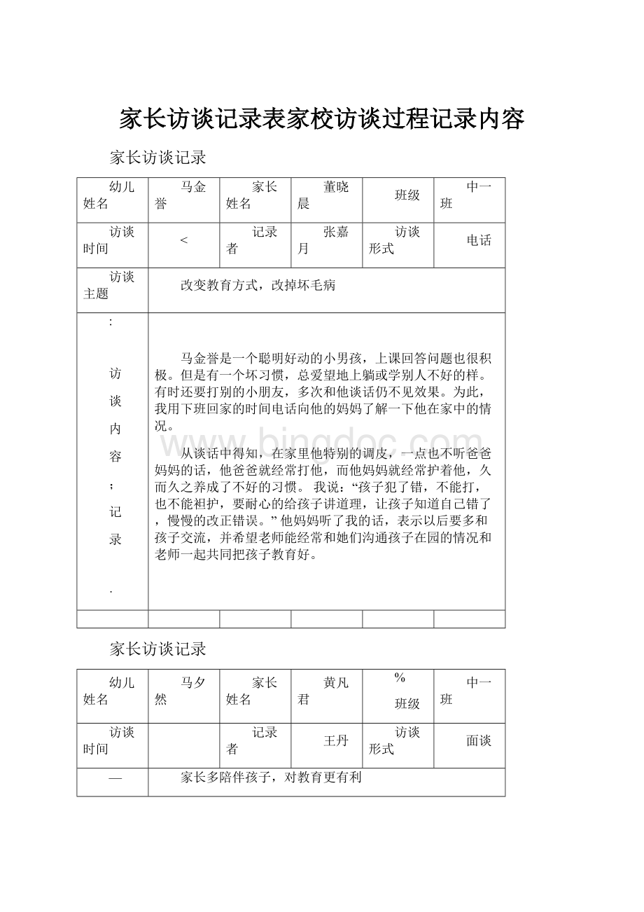 家长访谈记录表家校访谈过程记录内容Word下载.docx