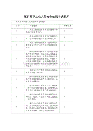 煤矿井下从业人员安全知识考试题库Word格式文档下载.docx