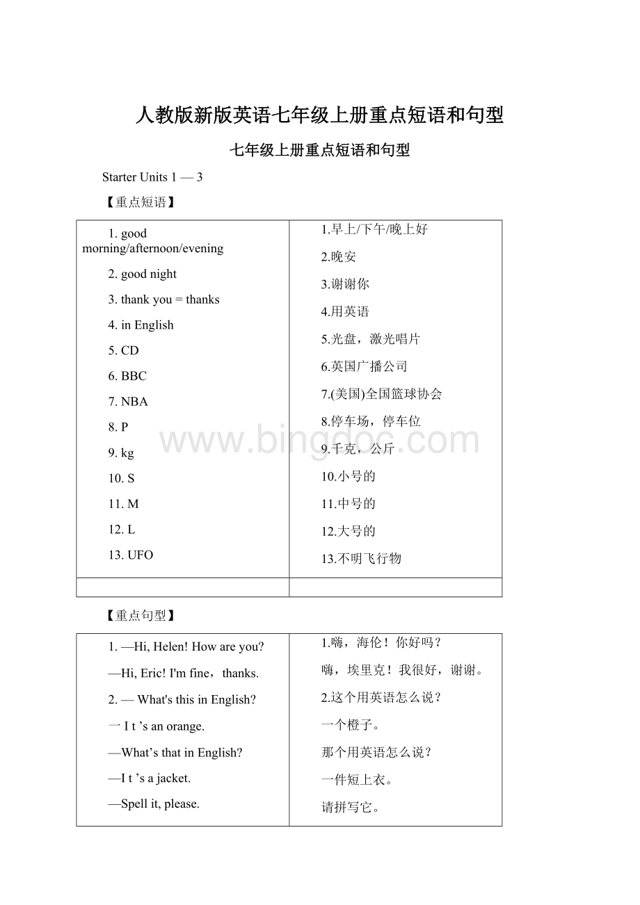 人教版新版英语七年级上册重点短语和句型Word文档下载推荐.docx