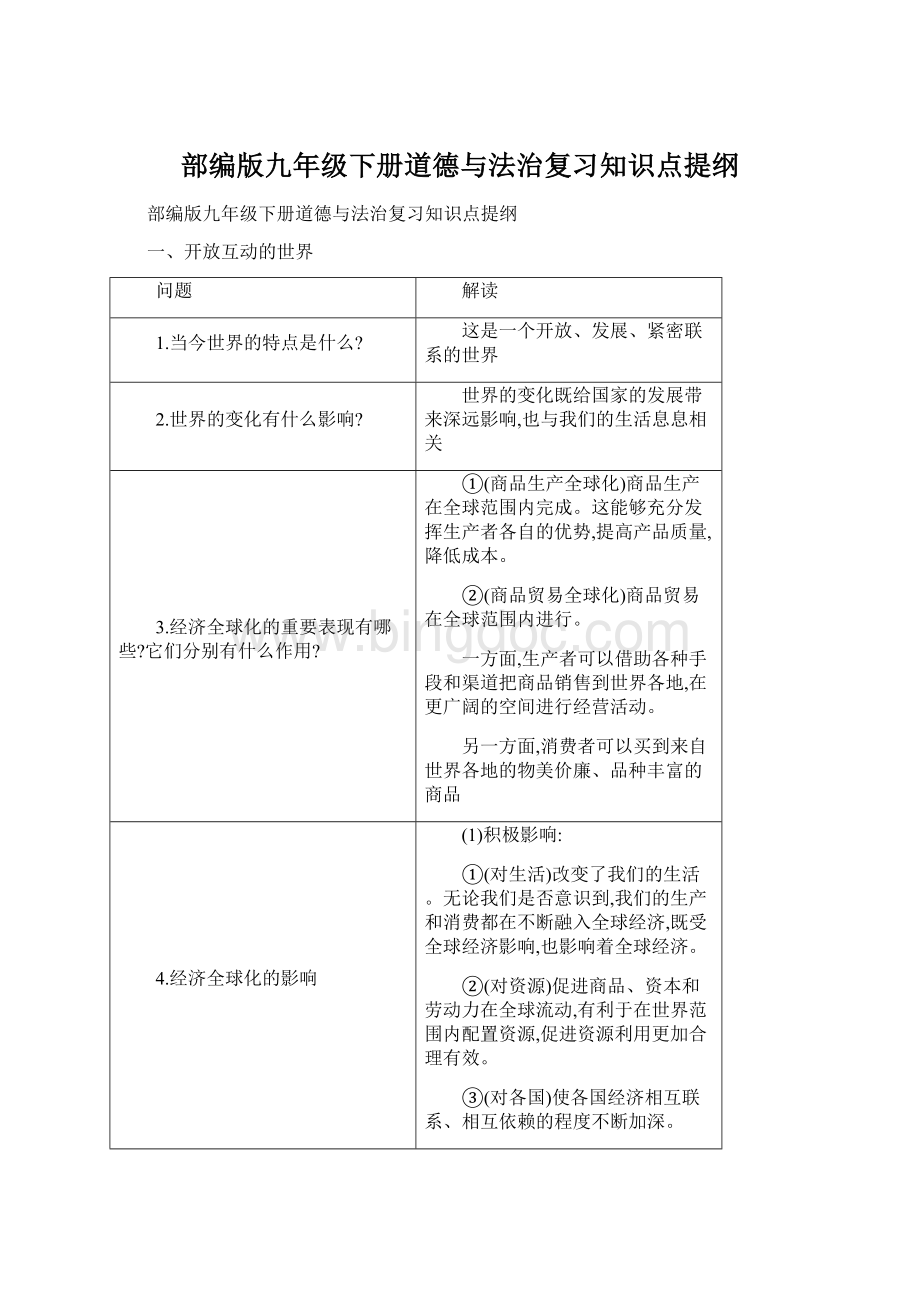 部编版九年级下册道德与法治复习知识点提纲Word格式.docx_第1页