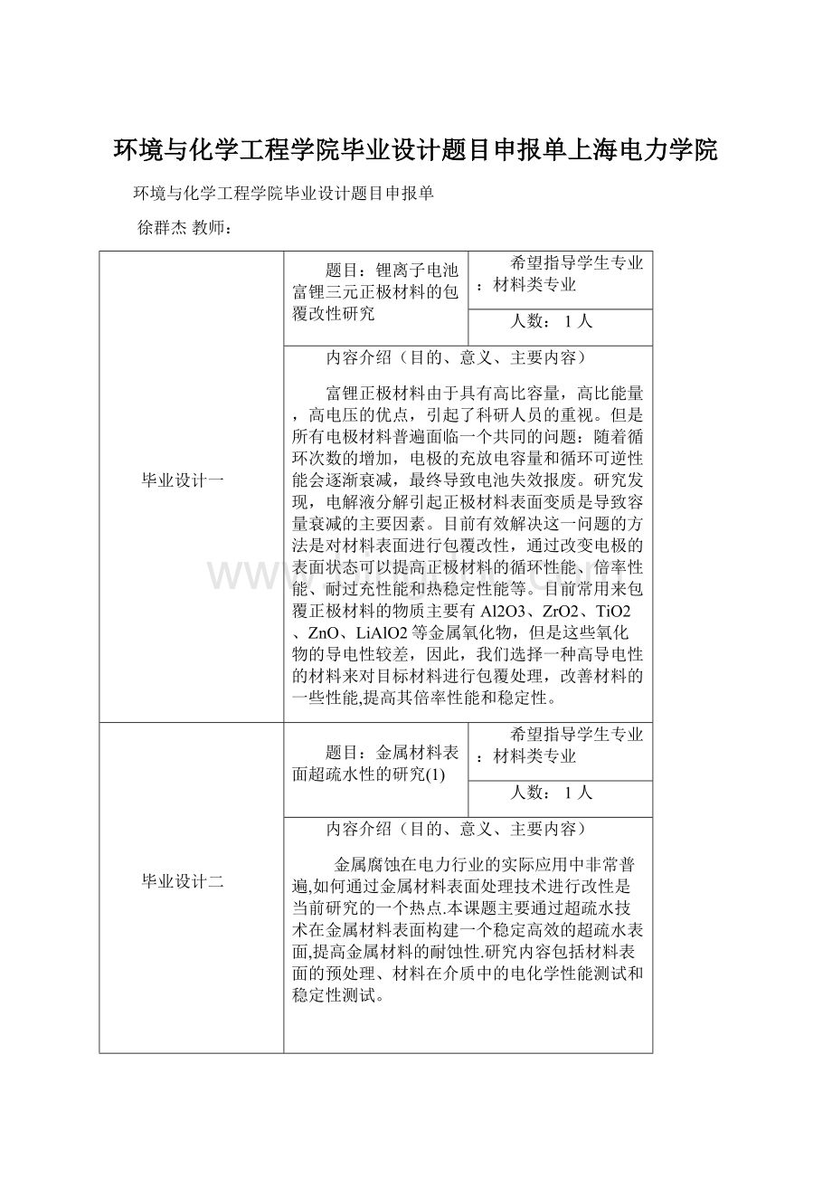 环境与化学工程学院毕业设计题目申报单上海电力学院.docx