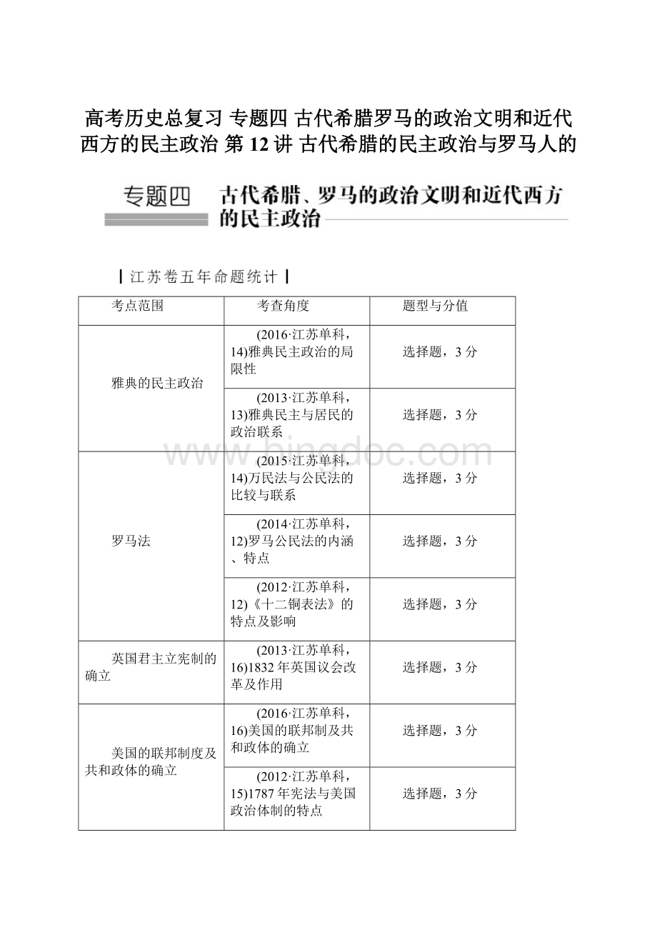 高考历史总复习 专题四 古代希腊罗马的政治文明和近代西方的民主政治 第12讲 古代希腊的民主政治与罗马人的Word文档格式.docx_第1页