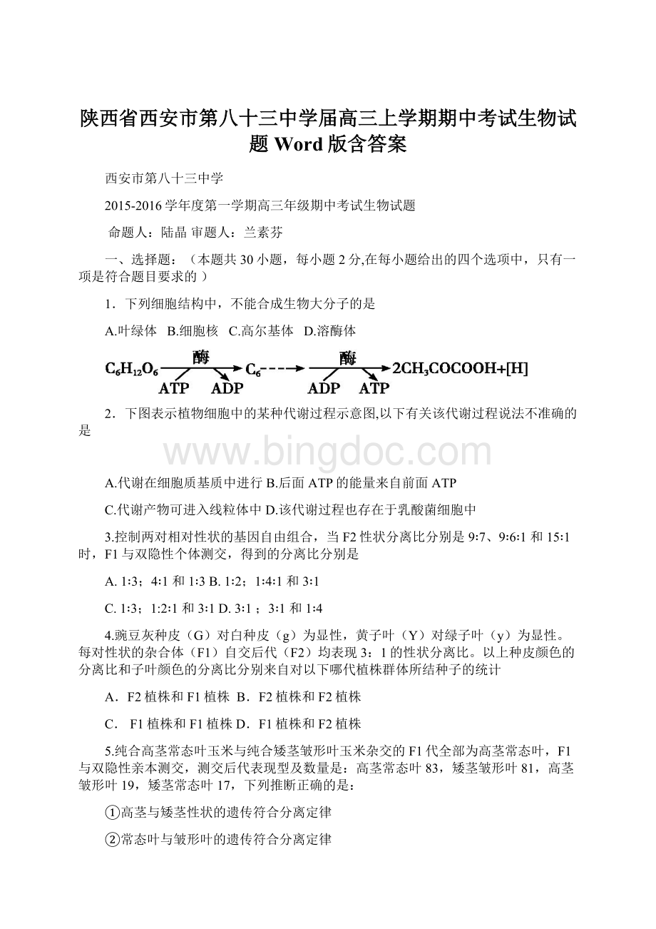 陕西省西安市第八十三中学届高三上学期期中考试生物试题Word版含答案文档格式.docx