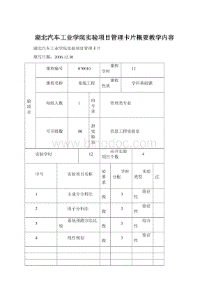 湖北汽车工业学院实验项目管理卡片概要教学内容.docx