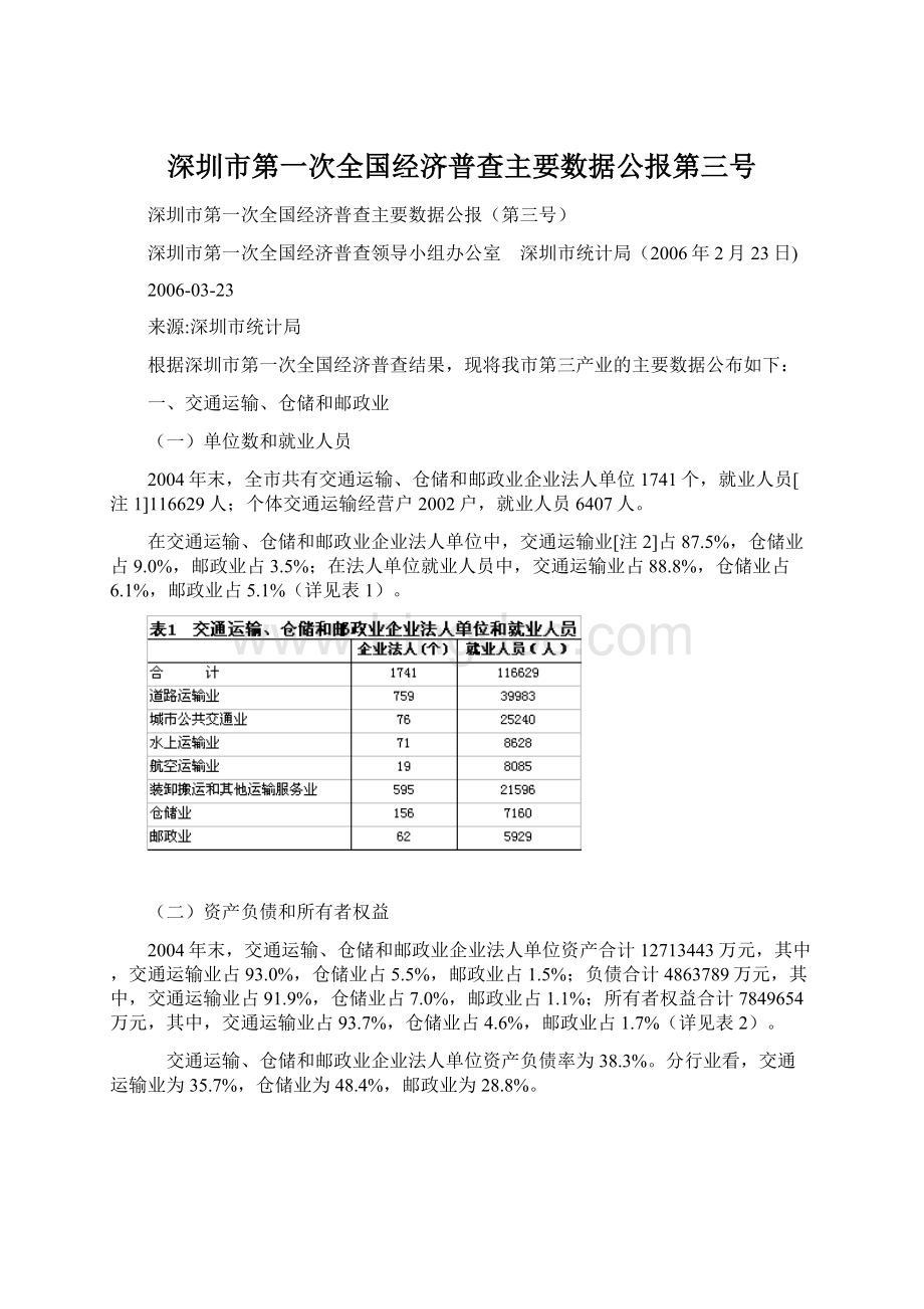 深圳市第一次全国经济普查主要数据公报第三号Word格式.docx