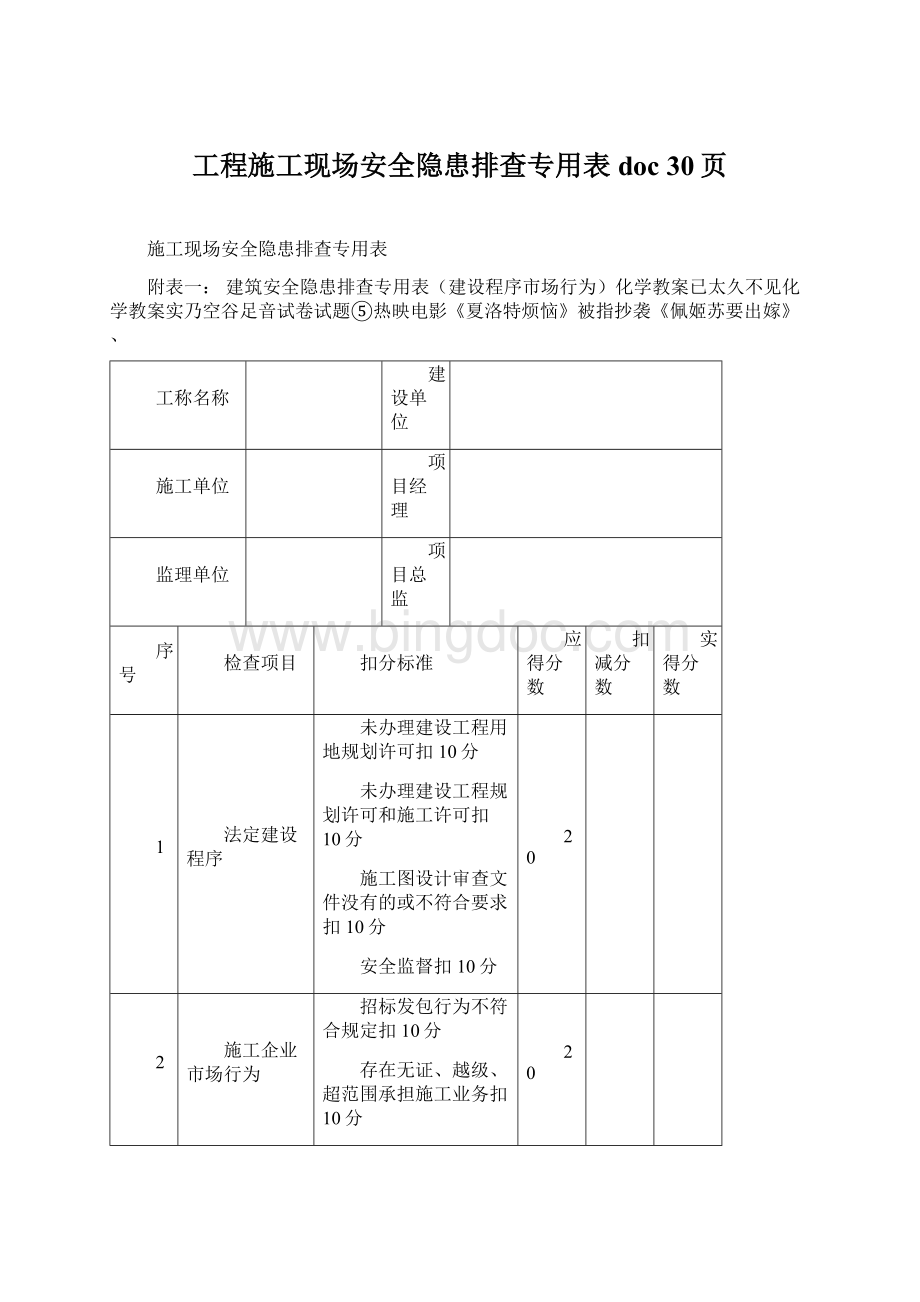 工程施工现场安全隐患排查专用表doc 30页Word文档下载推荐.docx