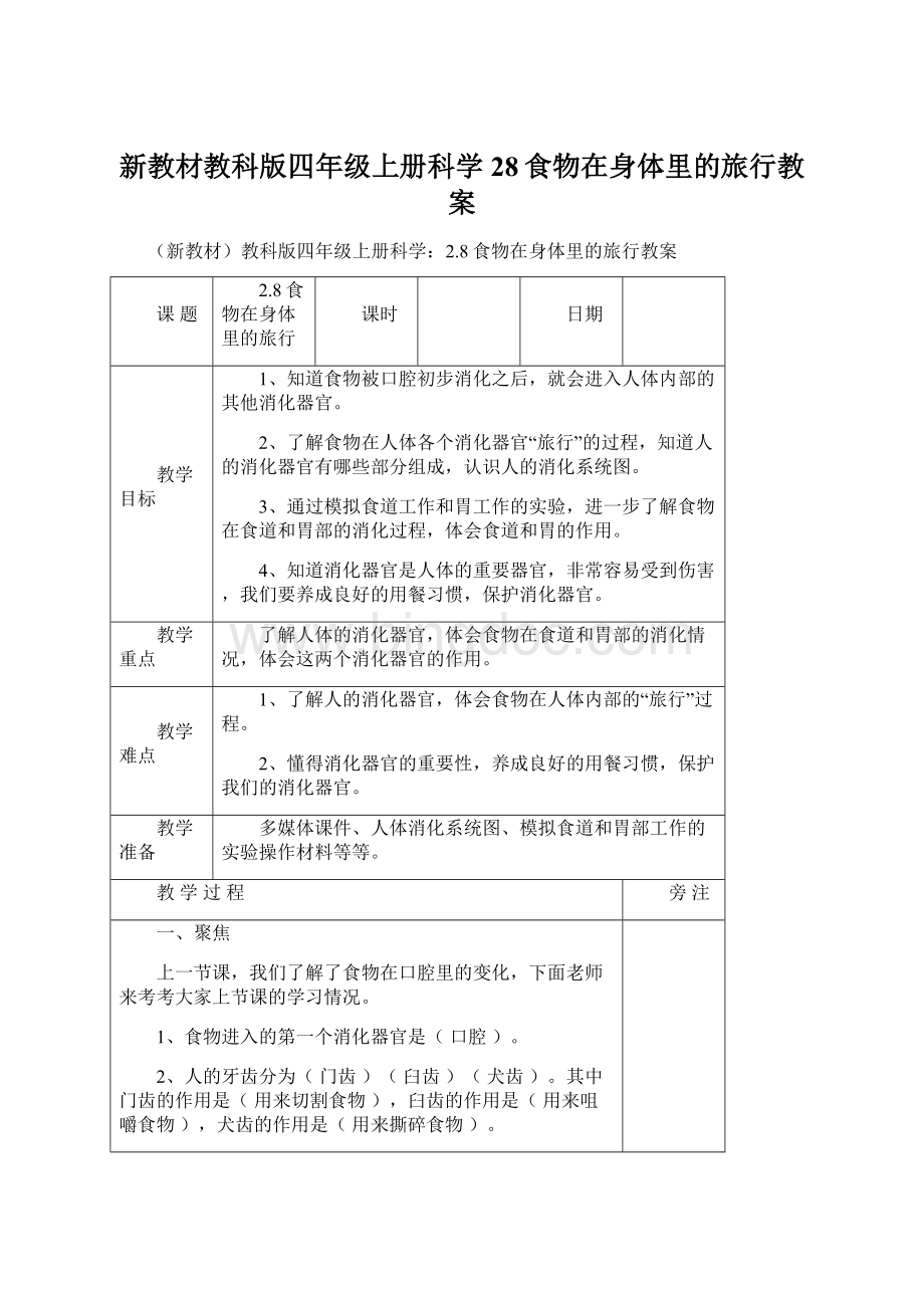 新教材教科版四年级上册科学28食物在身体里的旅行教案.docx_第1页