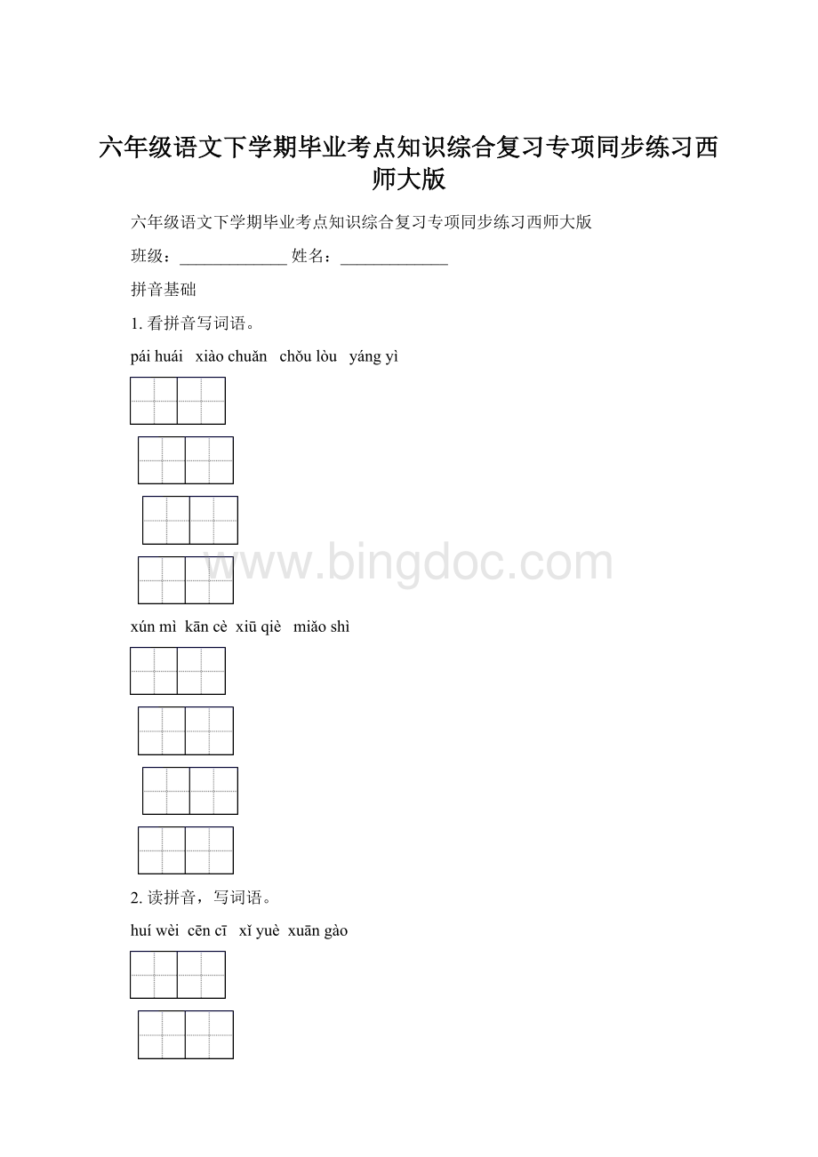 六年级语文下学期毕业考点知识综合复习专项同步练习西师大版Word格式文档下载.docx