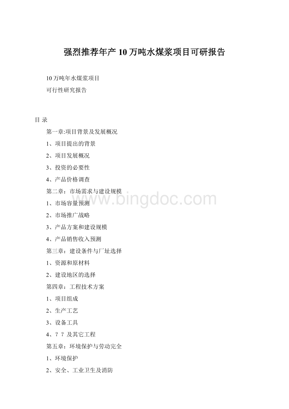 强烈推荐年产10万吨水煤浆项目可研报告Word文档格式.docx