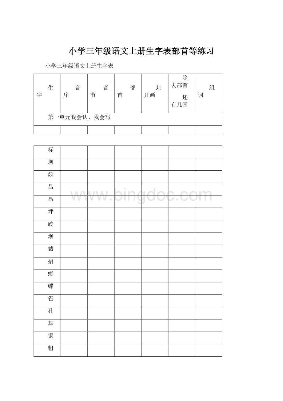 小学三年级语文上册生字表部首等练习.docx_第1页