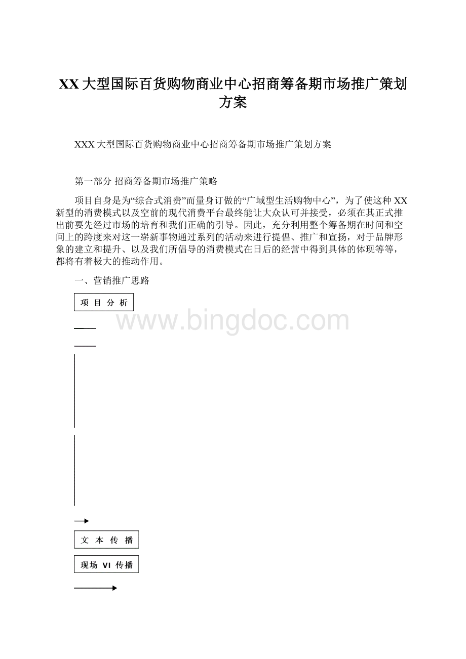 XX大型国际百货购物商业中心招商筹备期市场推广策划方案Word下载.docx