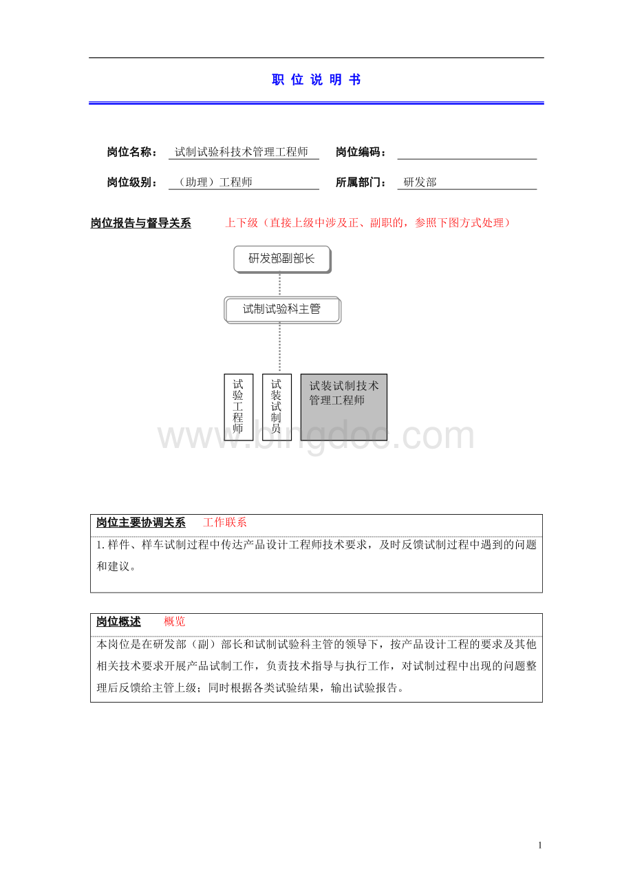 研发部试制试验科技术管理工程师岗位说明书Word文档下载推荐.doc