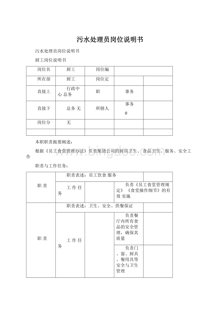 污水处理员岗位说明书Word下载.docx