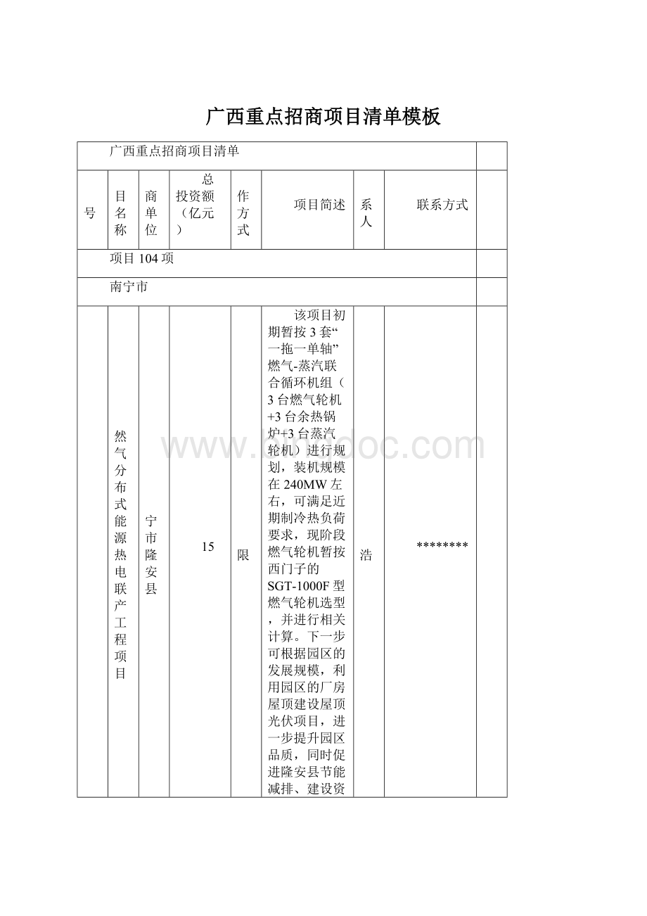 广西重点招商项目清单模板.docx