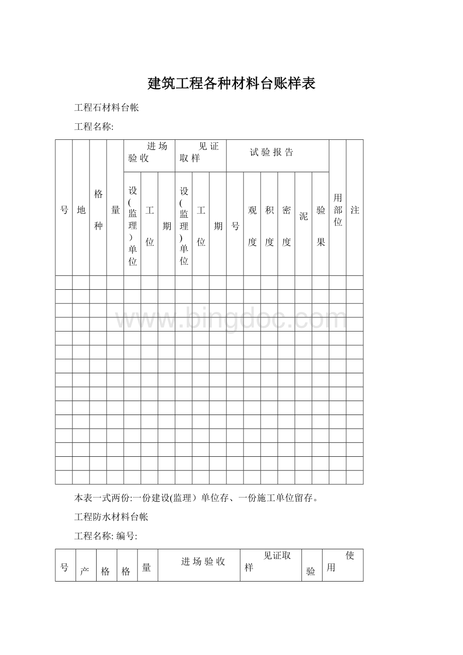 建筑工程各种材料台账样表.docx_第1页