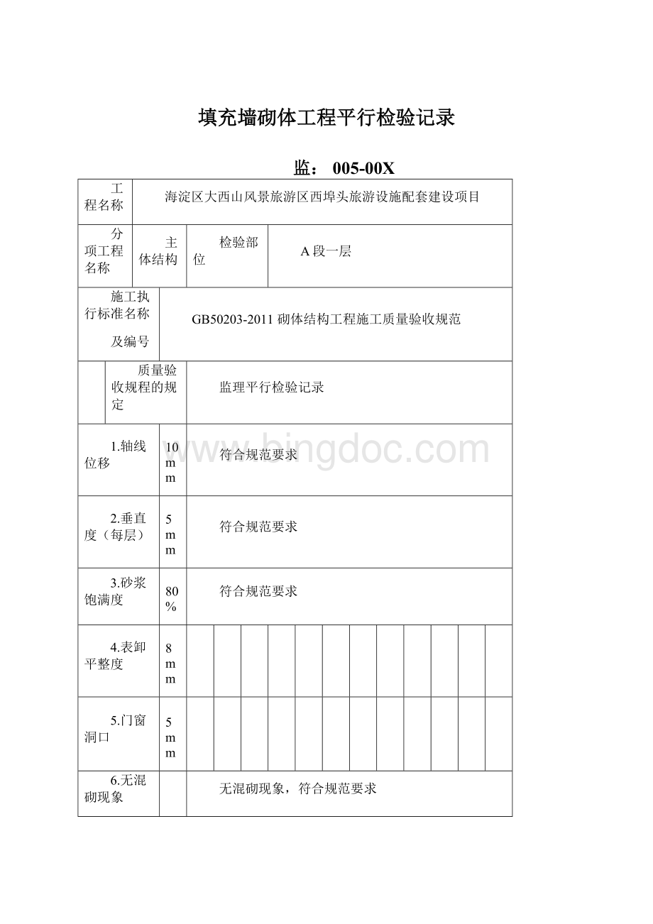 填充墙砌体工程平行检验记录Word格式.docx_第1页