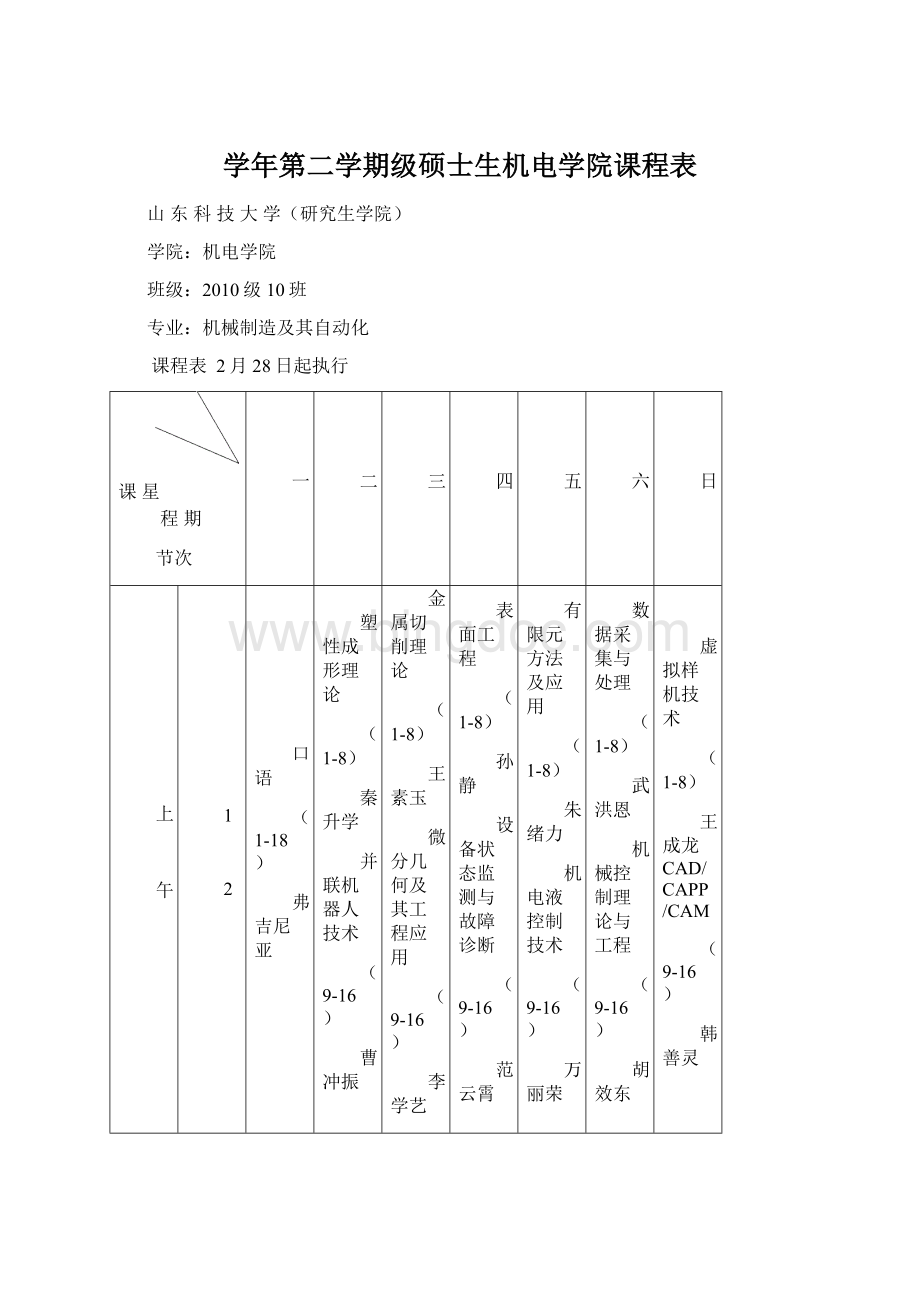 学年第二学期级硕士生机电学院课程表.docx