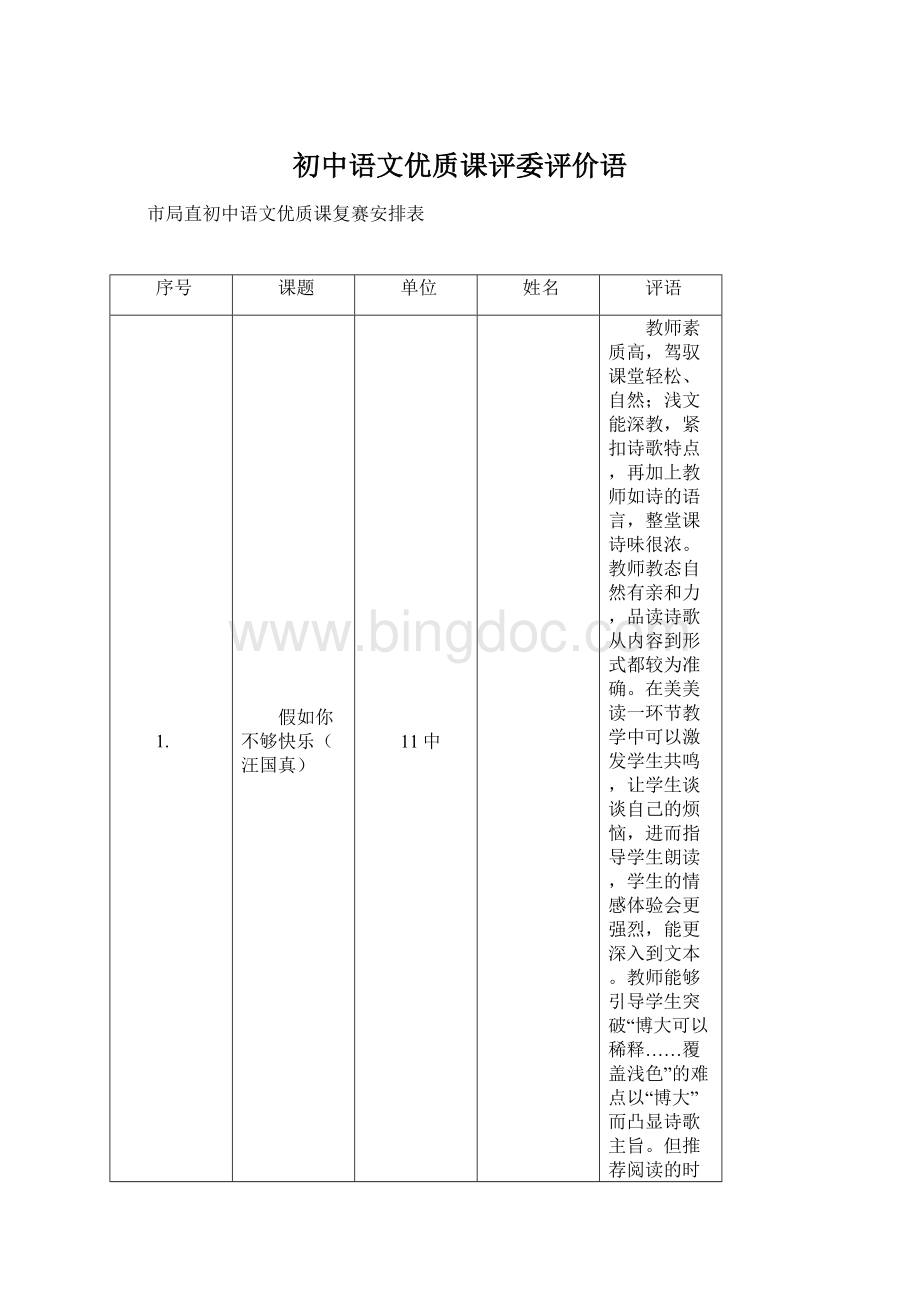 初中语文优质课评委评价语.docx_第1页