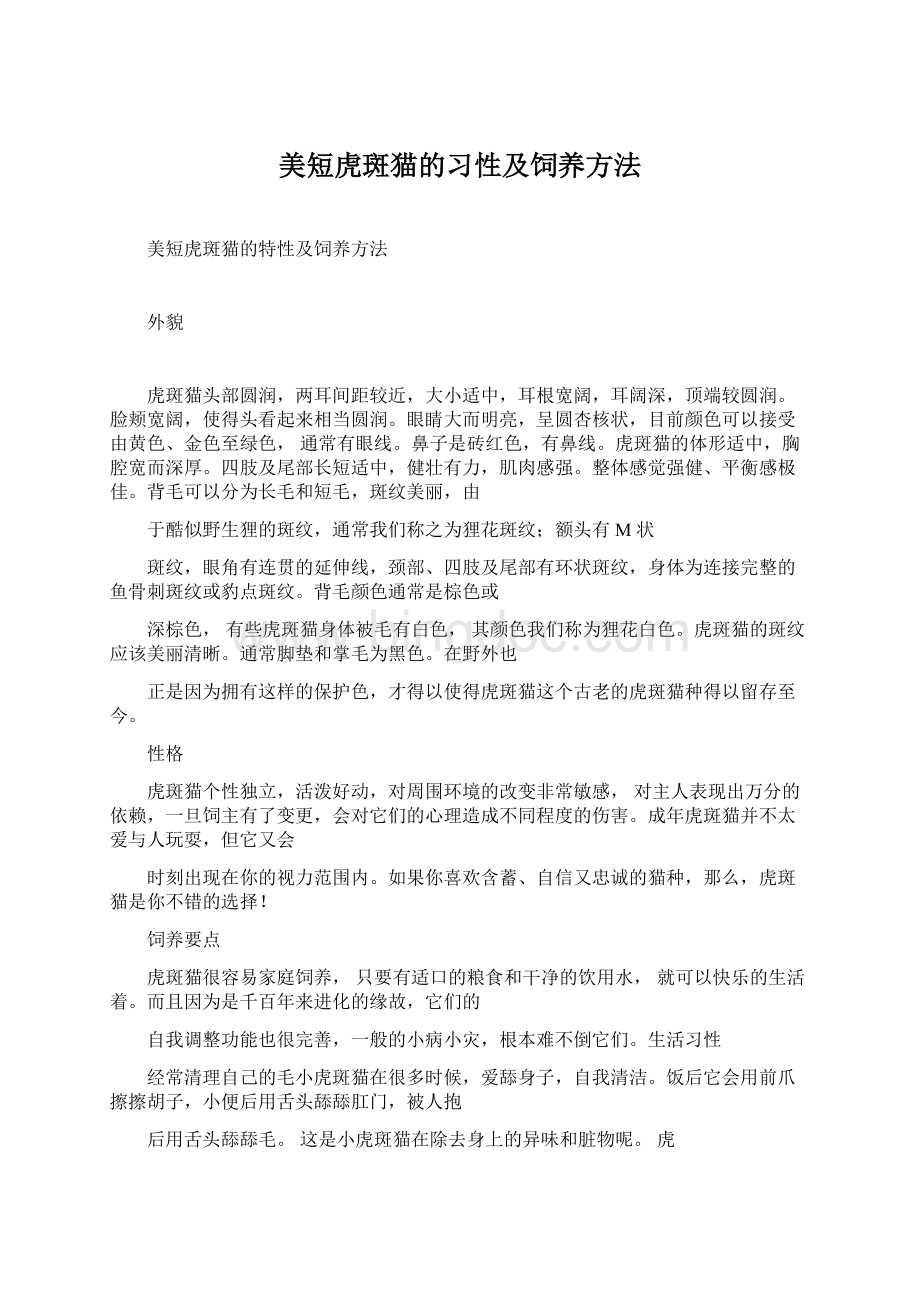 美短虎斑猫的习性及饲养方法Word文件下载.docx_第1页