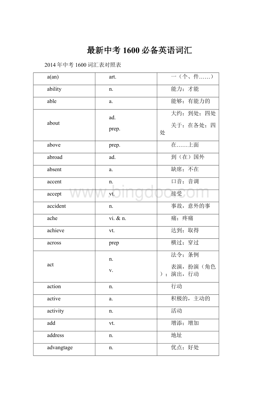 最新中考1600必备英语词汇Word文档下载推荐.docx