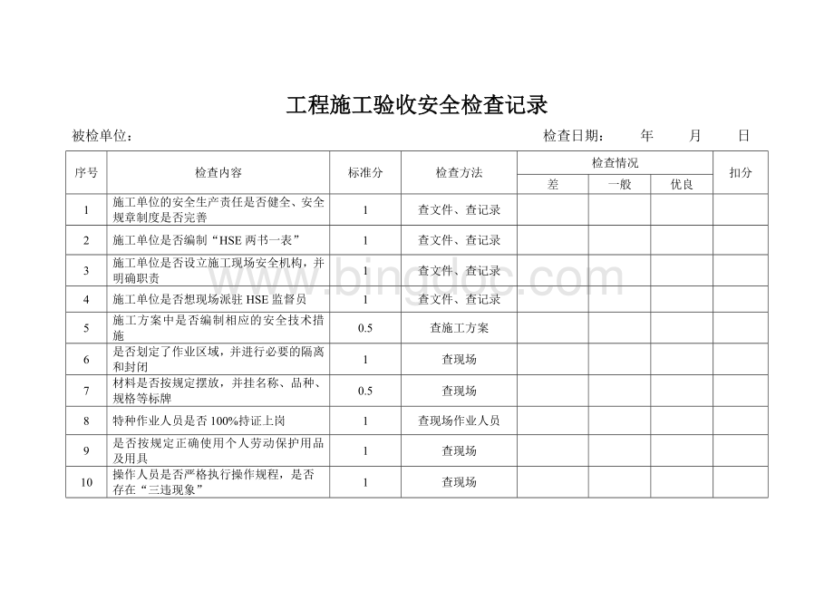 工程施工验收安全检查记录Word文档下载推荐.doc