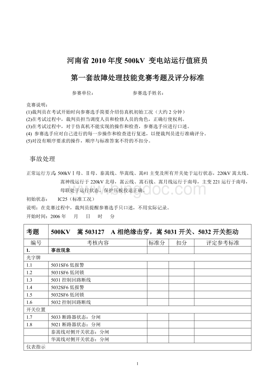 河南2010年500kV变电运行竞赛故障处理题1.doc