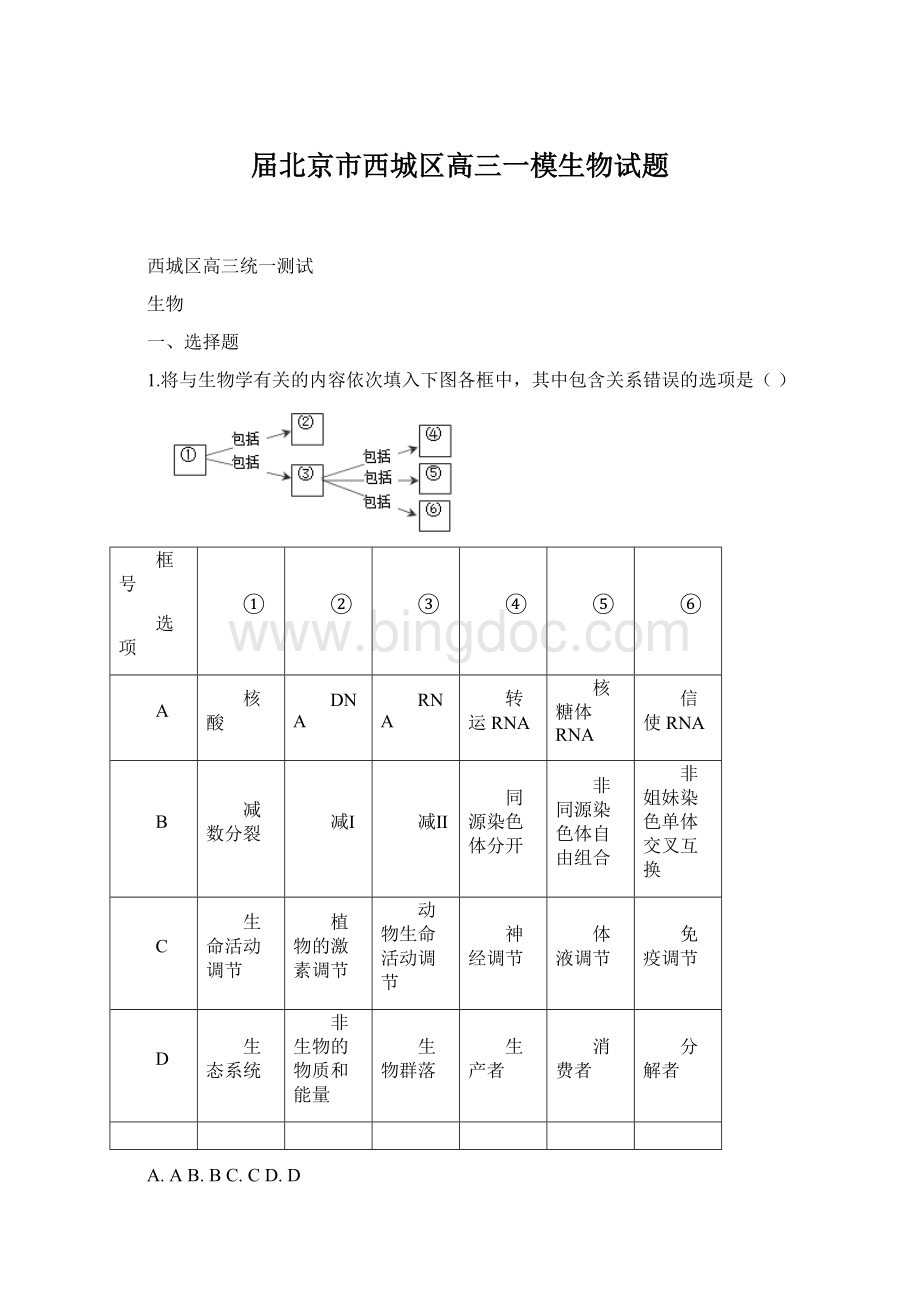 届北京市西城区高三一模生物试题Word格式文档下载.docx_第1页