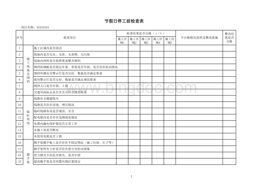 节假日春节停工前检查表表格推荐下载.xlsx_第1页