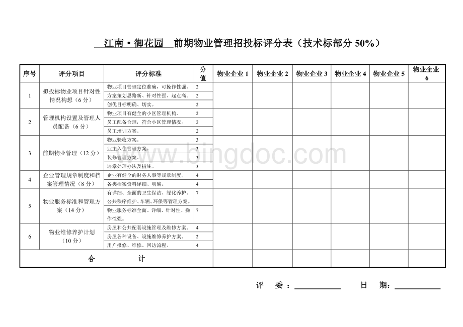 前期物业管理招投标评分表(技术标部分)Word格式文档下载.doc