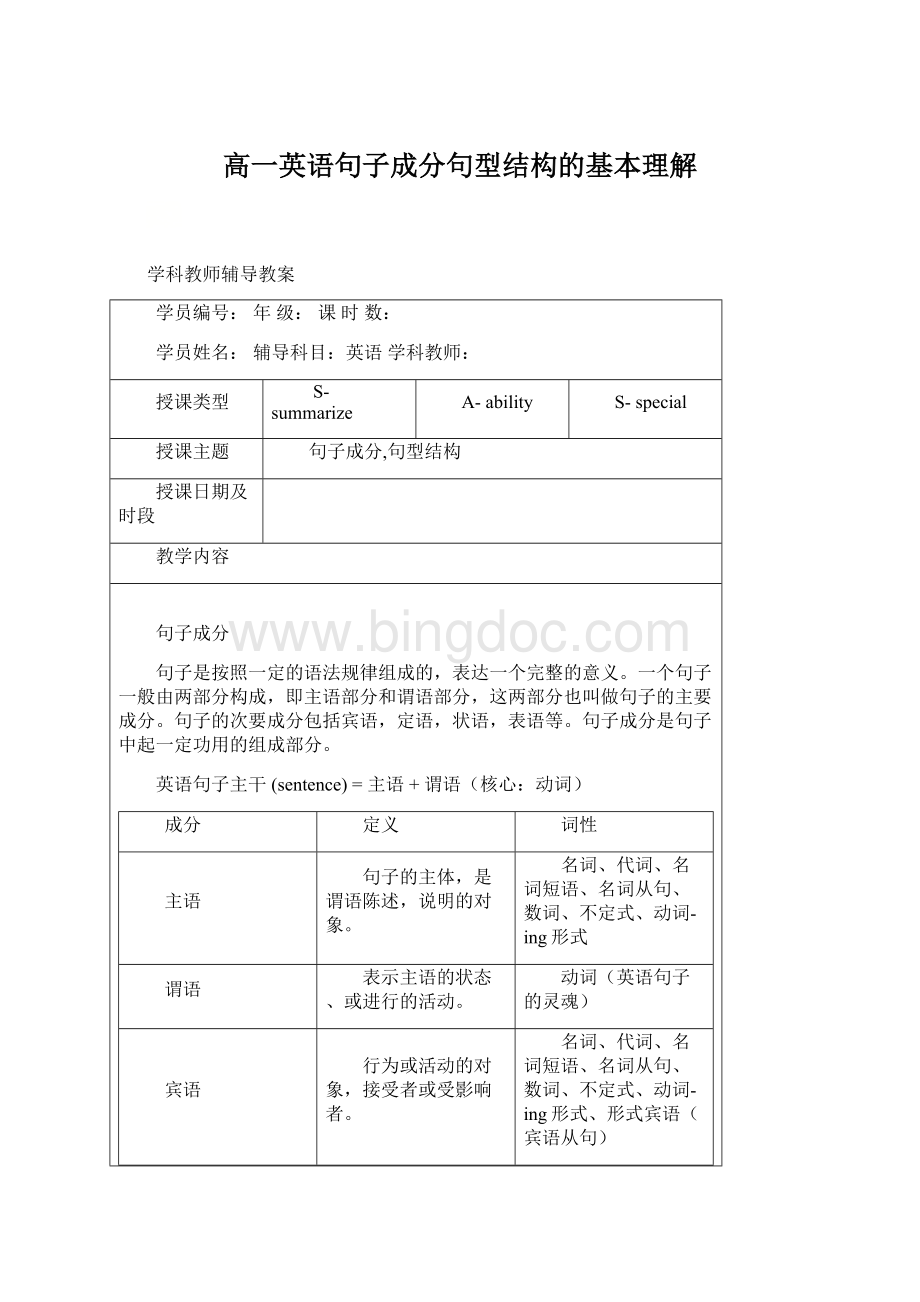 高一英语句子成分句型结构的基本理解Word格式文档下载.docx