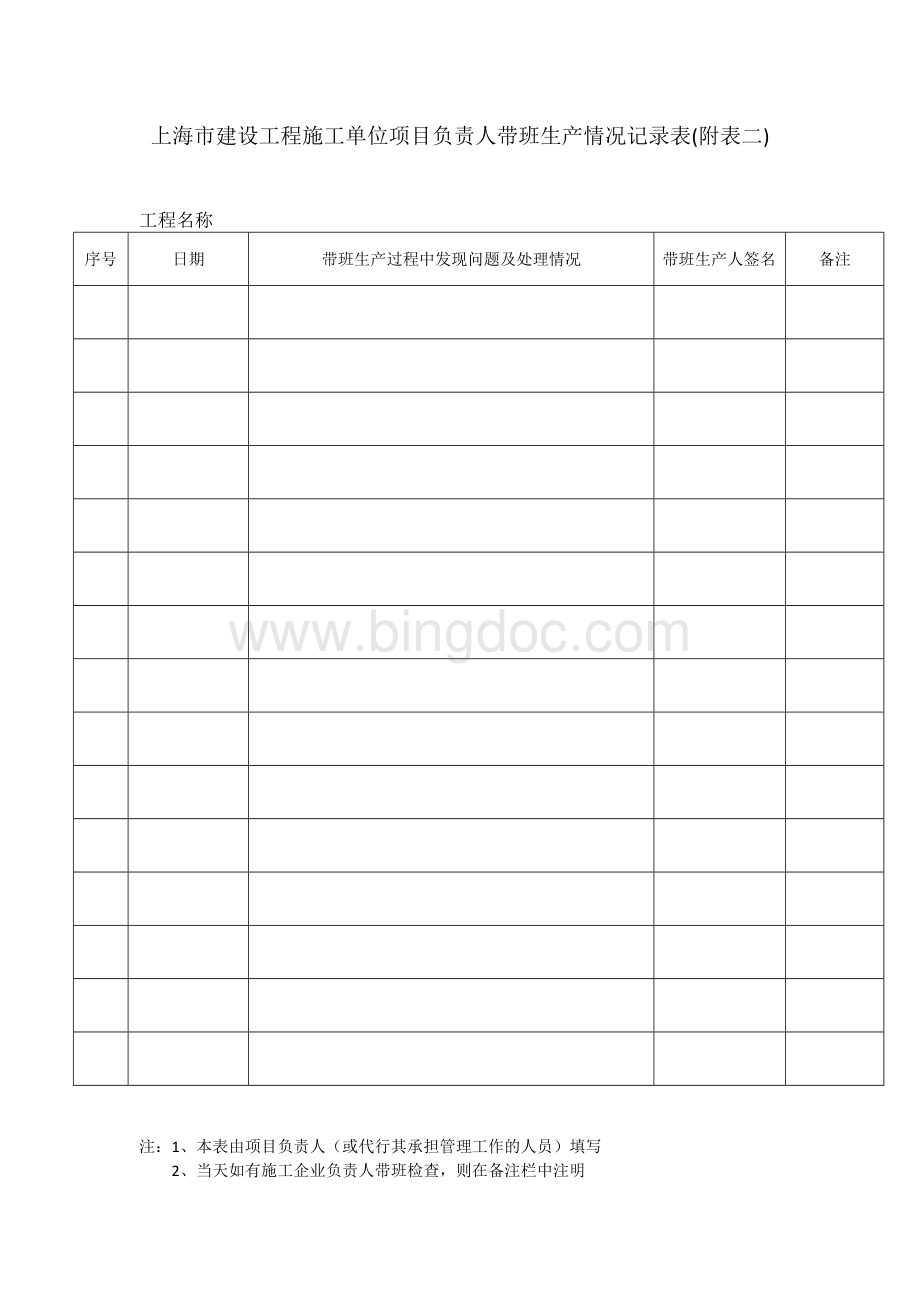 上海市建设工程施工单位项目负责人带班生产情况记录表(附表二).docx