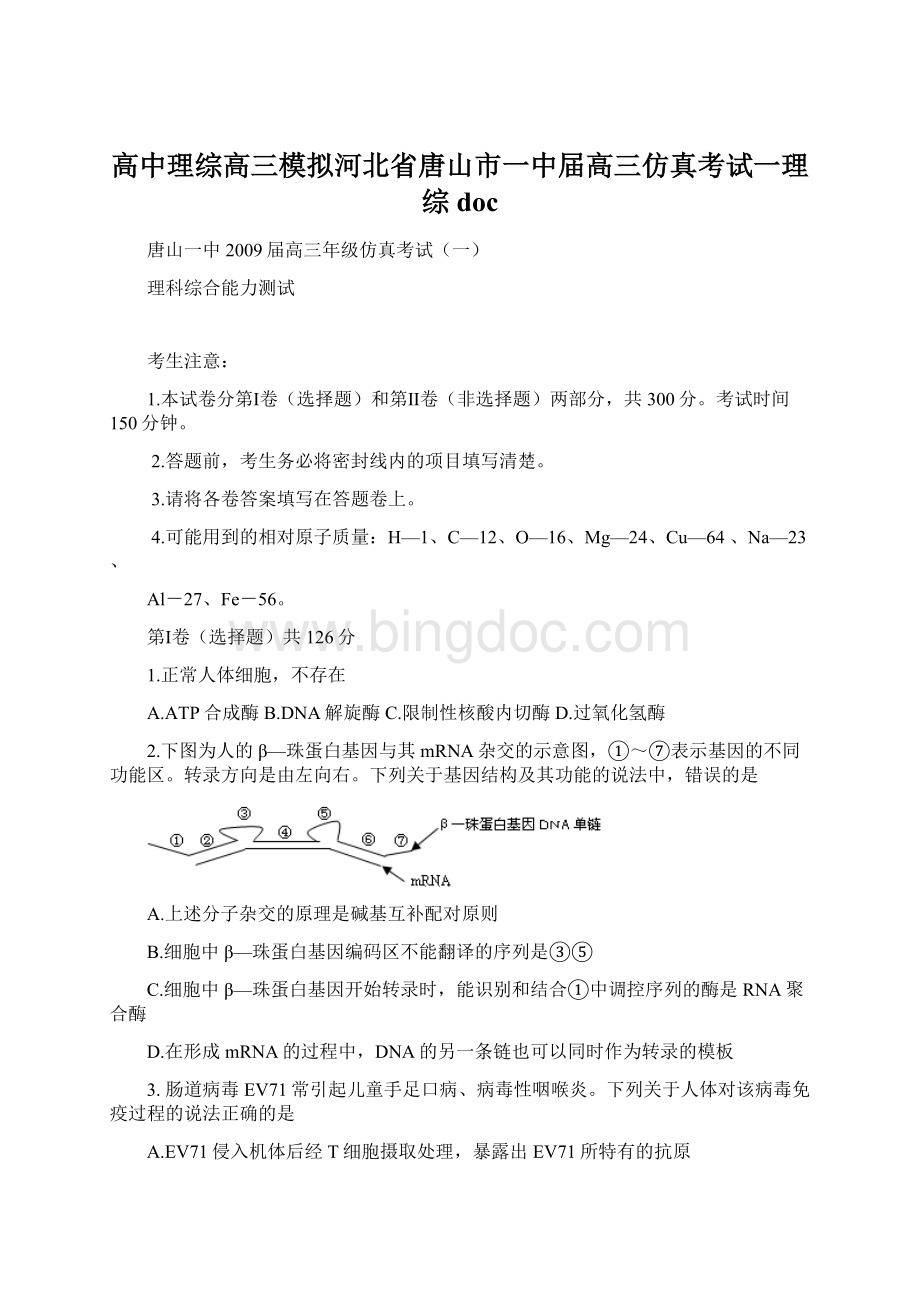 高中理综高三模拟河北省唐山市一中届高三仿真考试一理综docWord文档下载推荐.docx