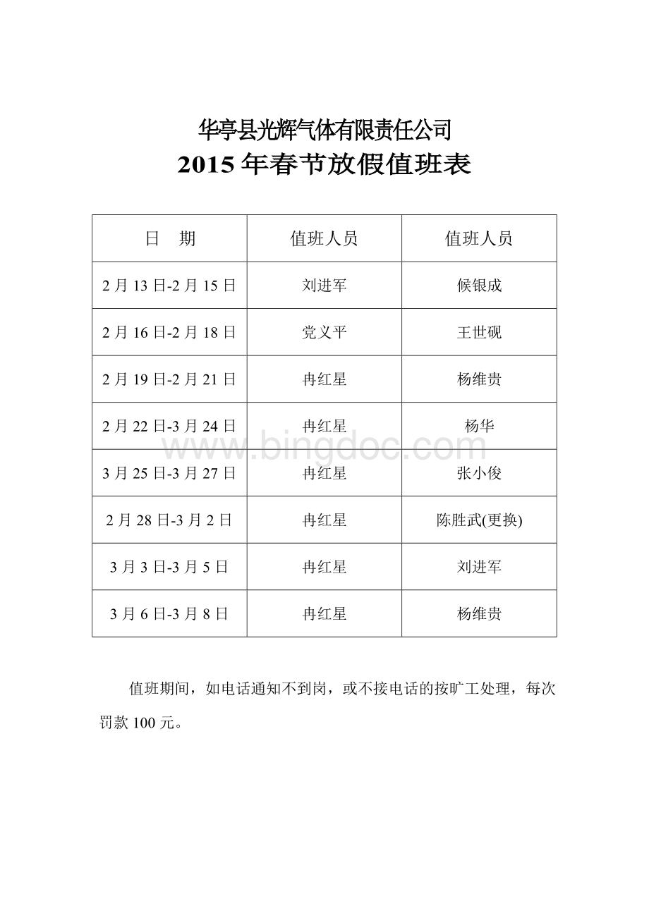 春节放假值班表.doc_第1页