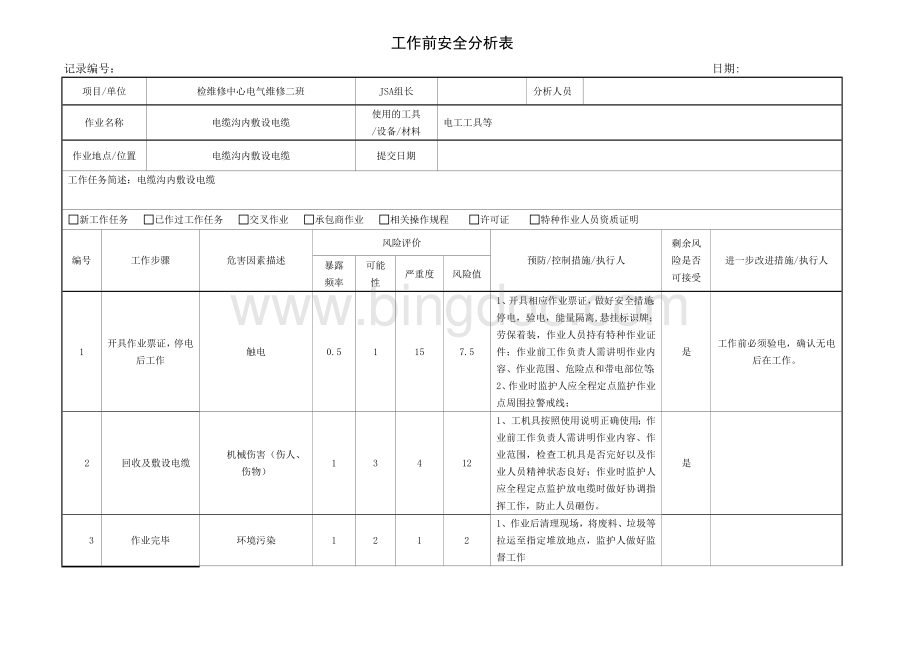 电缆沟内敷设电缆工作前安全分析表JSAWord下载.doc_第1页