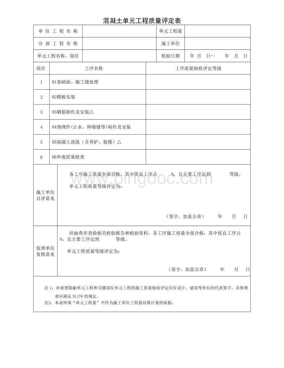 混凝土单元工程质量评定表(普通).doc