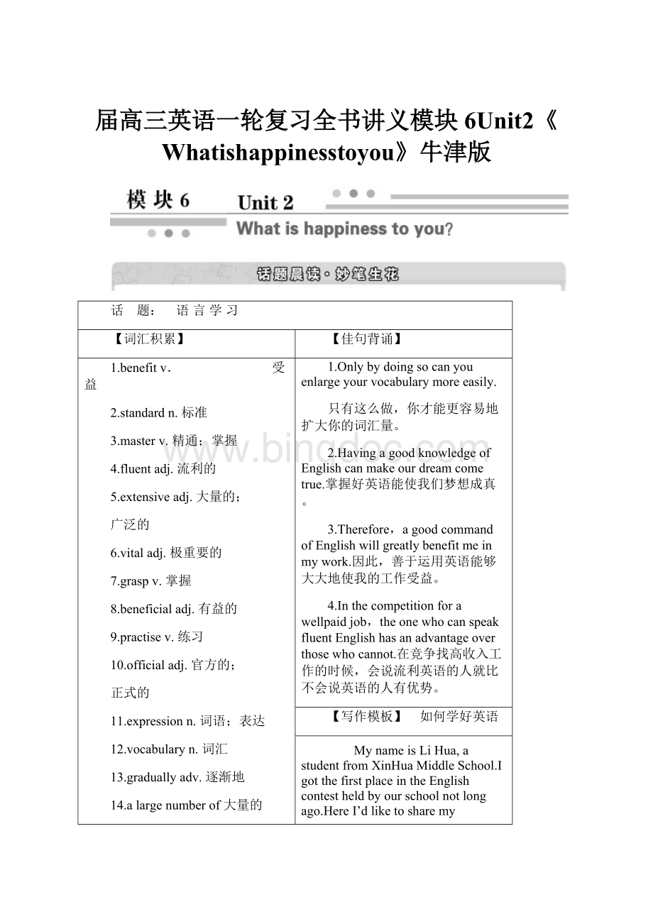 届高三英语一轮复习全书讲义模块6Unit2《Whatishappinesstoyou》牛津版.docx_第1页