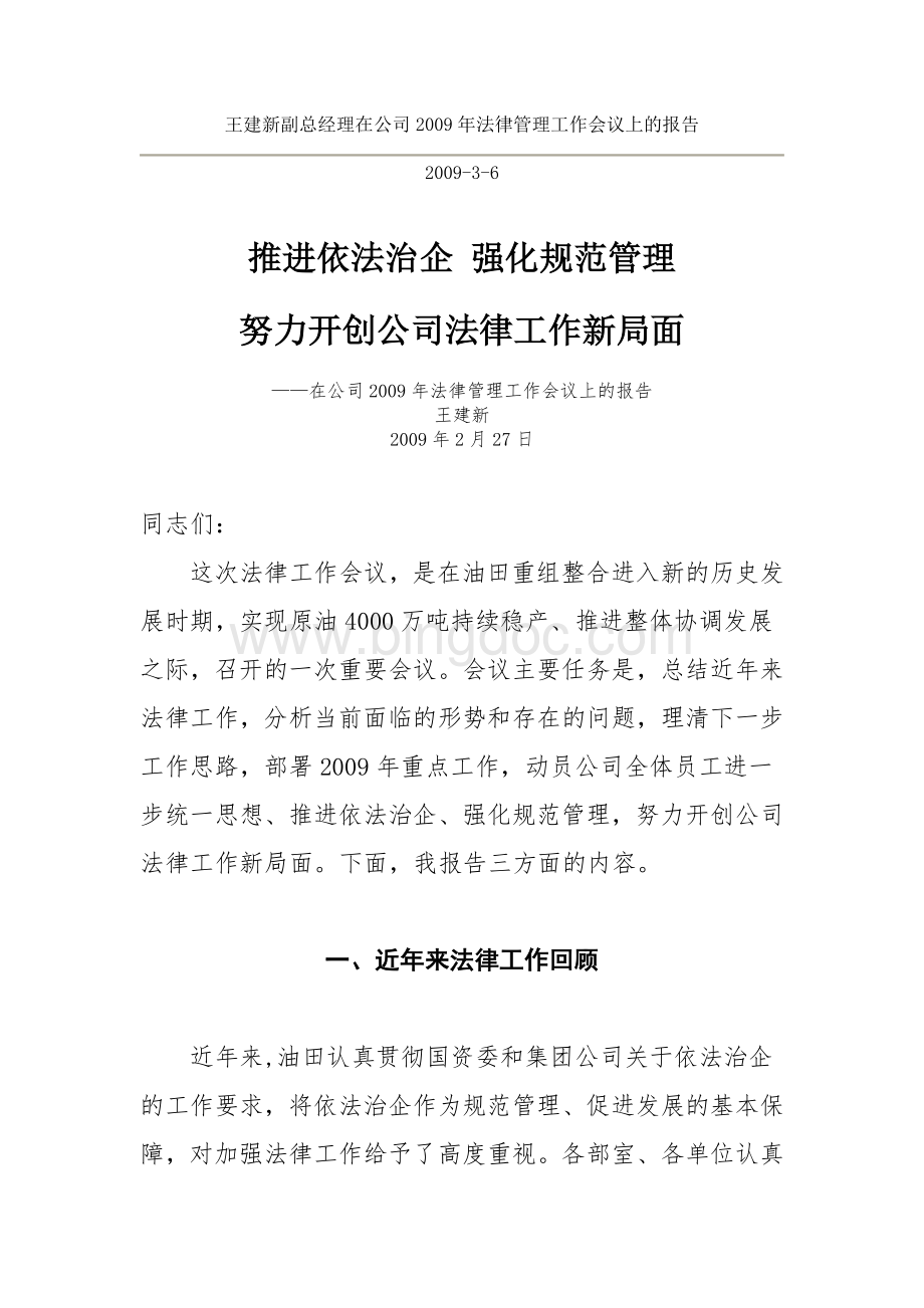 王建新副总经理在公司2009年法律管理工作会议上的报告.doc
