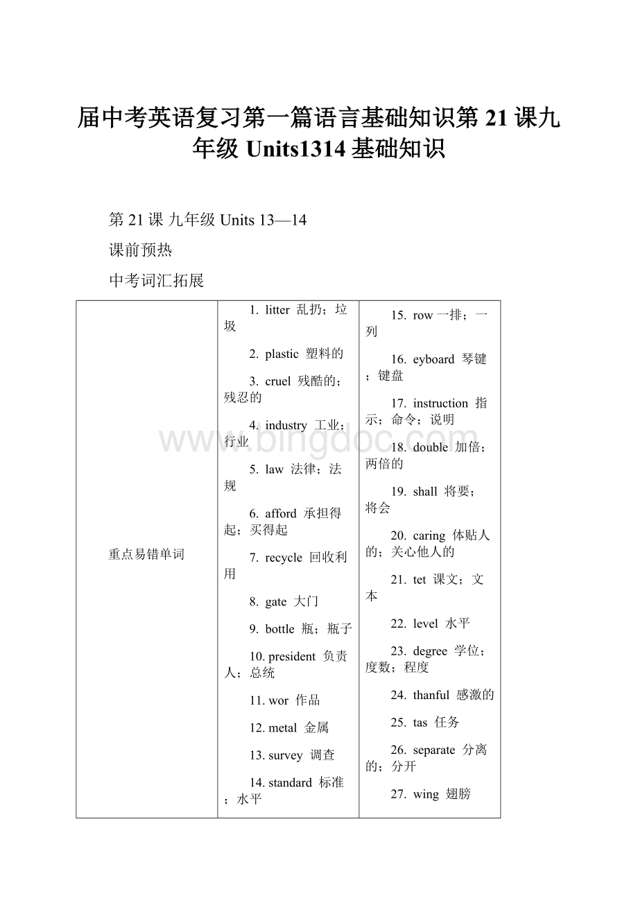 届中考英语复习第一篇语言基础知识第21课九年级Units1314基础知识.docx_第1页