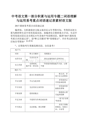 中考语文第一部分积累与运用专题二词语理解与运用易考重点词语速记表素材语文版.docx