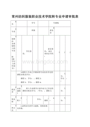 常州纺织服装职业技术学院转专业申请审批表.docx