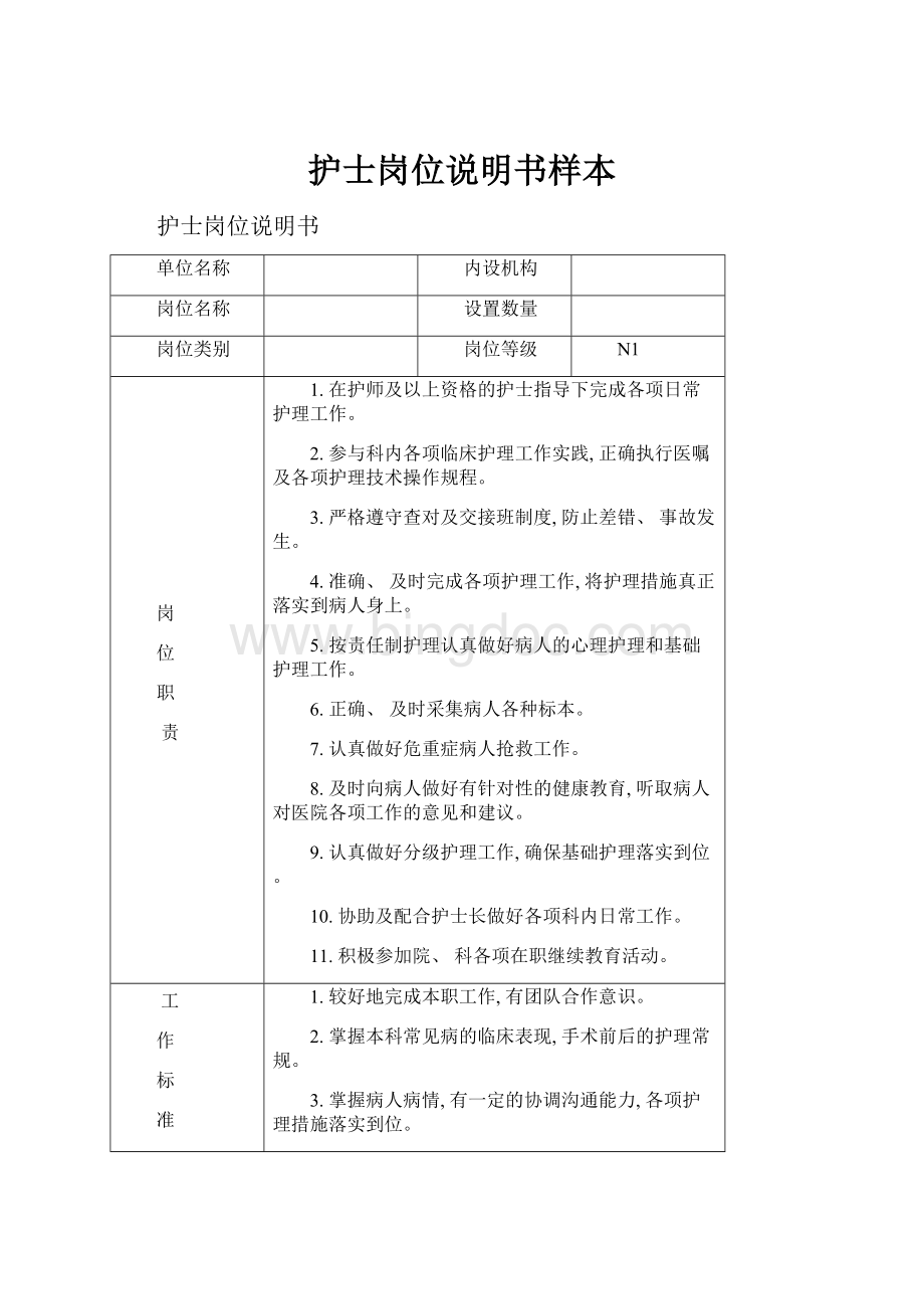 护士岗位说明书样本.docx_第1页