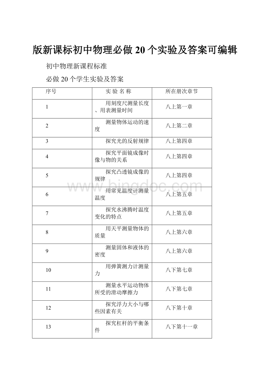 版新课标初中物理必做20个实验及答案可编辑.docx